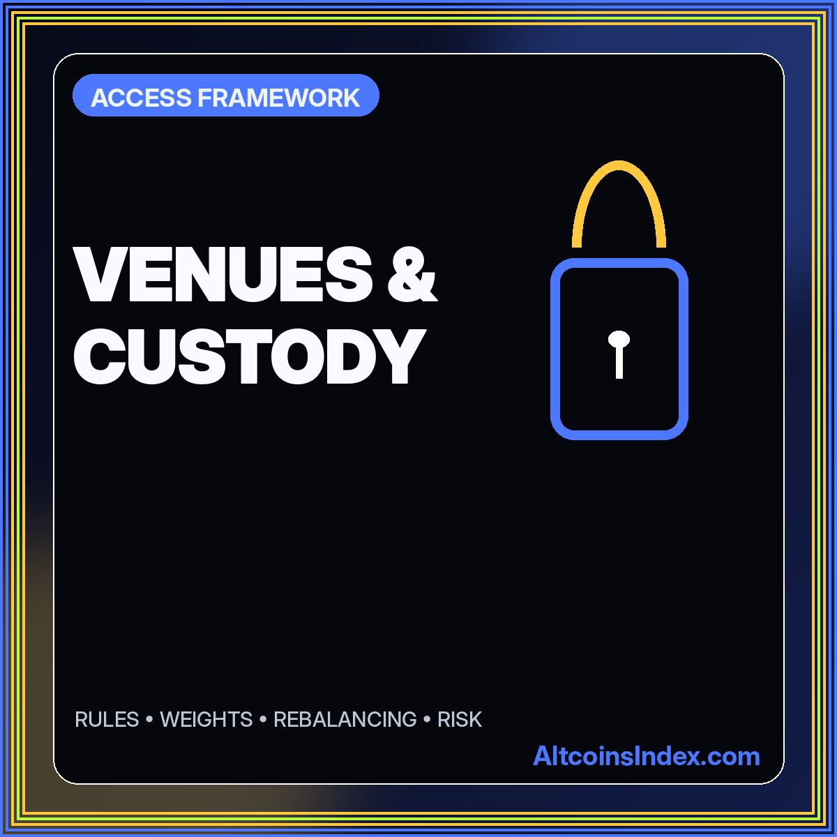 Neon typography card reading Venues and Custody with an illustrated digital lock