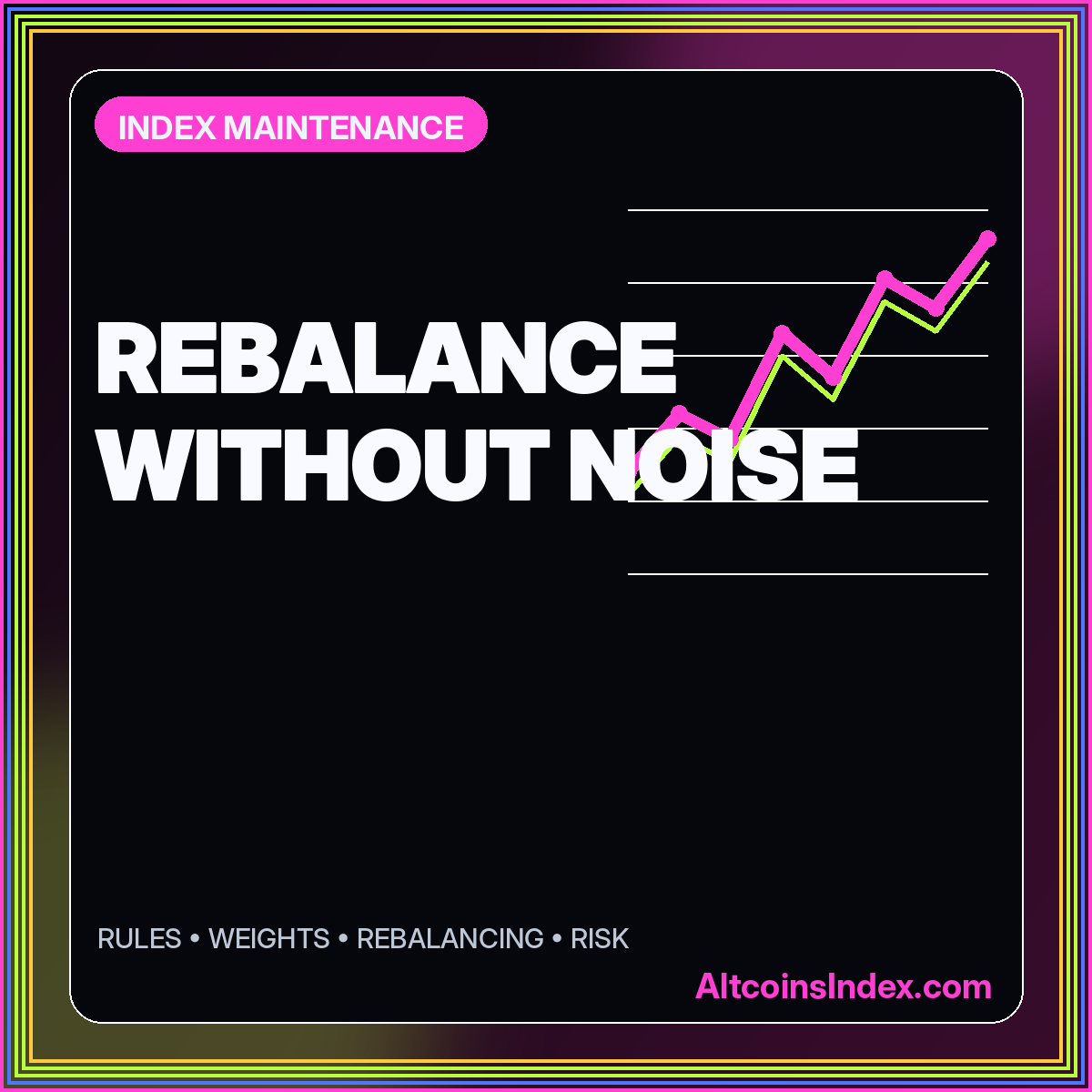 Neon typography card reading Rebalance Without Noise with two illustrative index paths