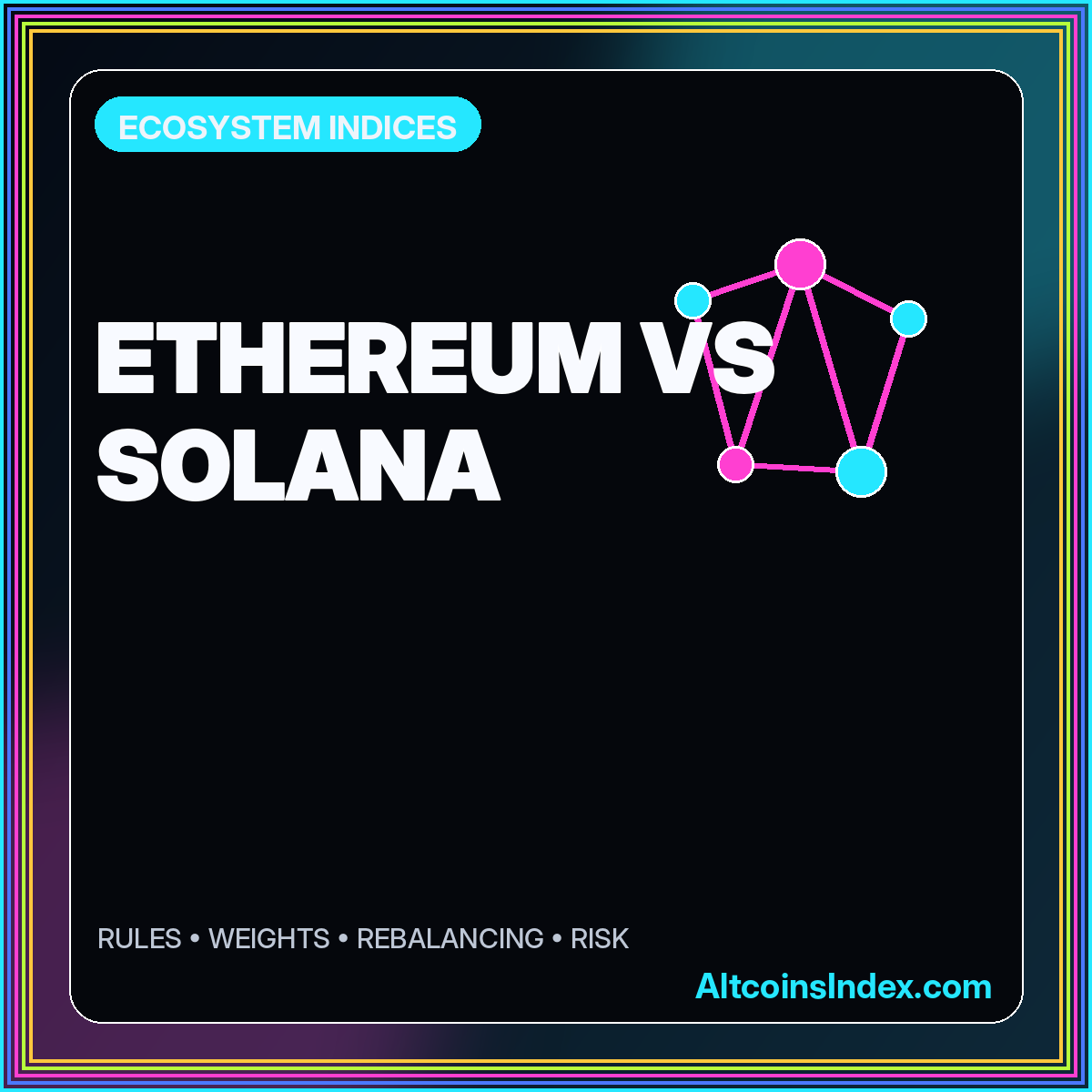 Neon typography card reading Ethereum vs Solana with connected network nodes