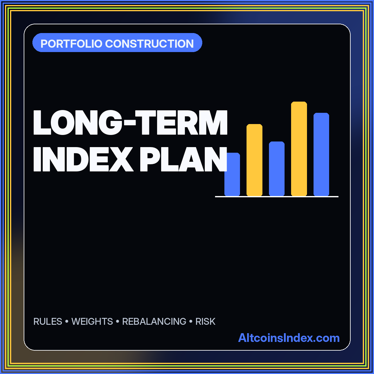 Neon typography card reading Long-Term Index Plan with five portfolio allocation bars