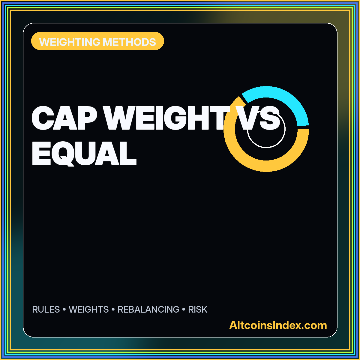 Neon typography card reading Cap Weight vs Equal with concentric allocation rings
