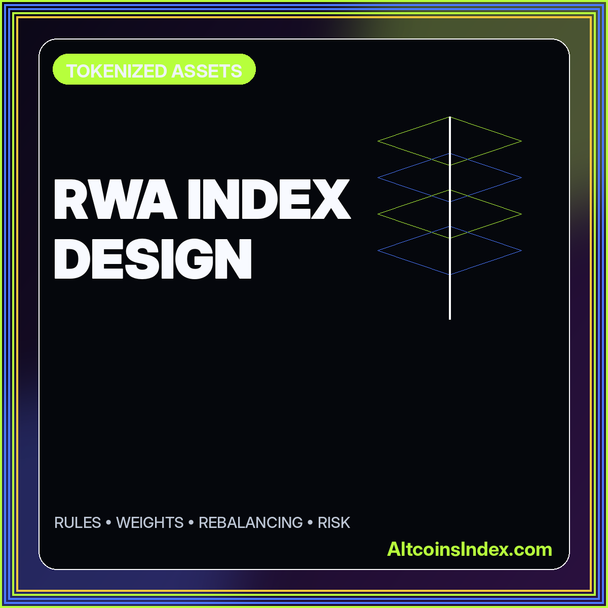 Neon typography card reading RWA Index Design with stacked tokenization layers