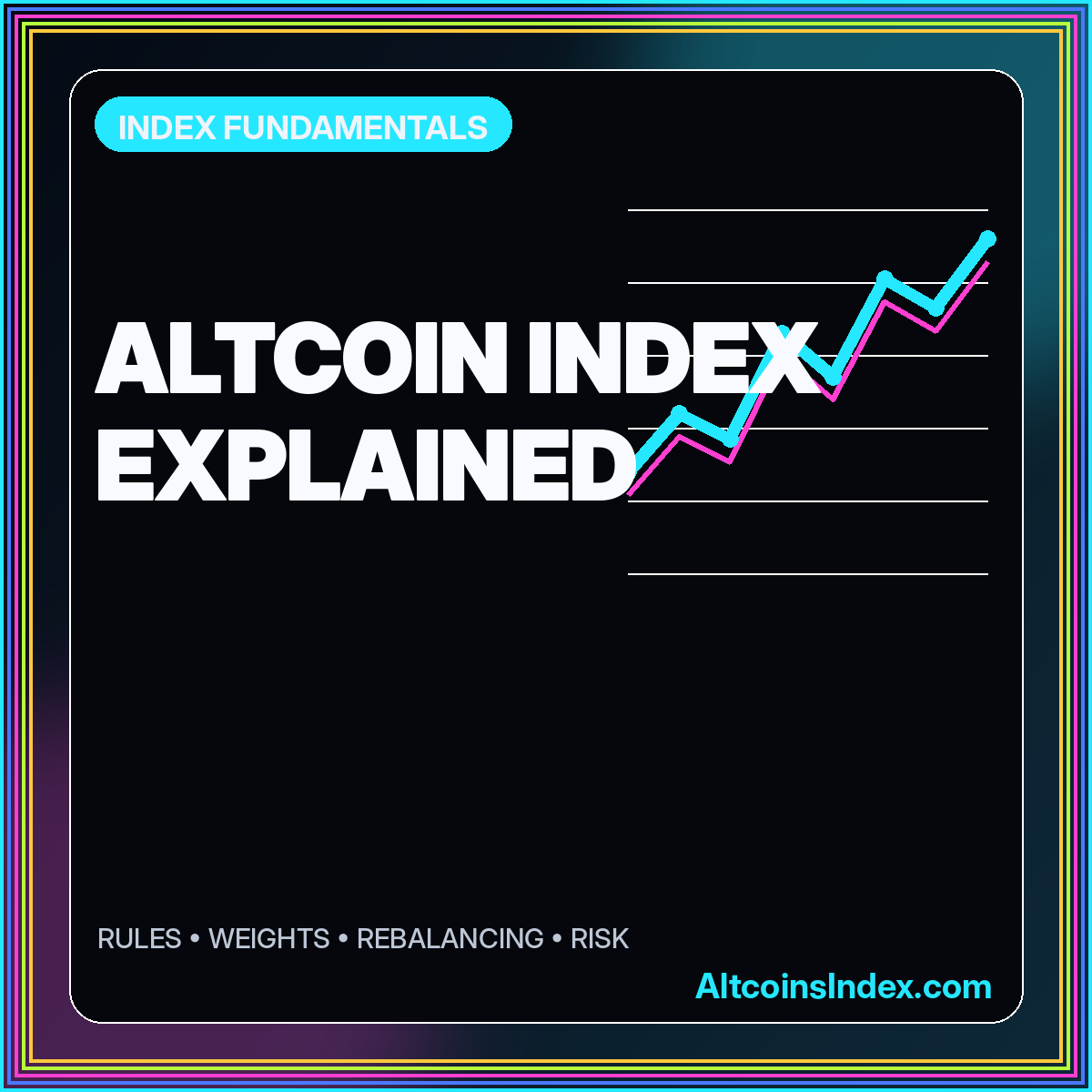 Neon typography card reading Altcoin Index Explained with an illustrative rising benchmark chart