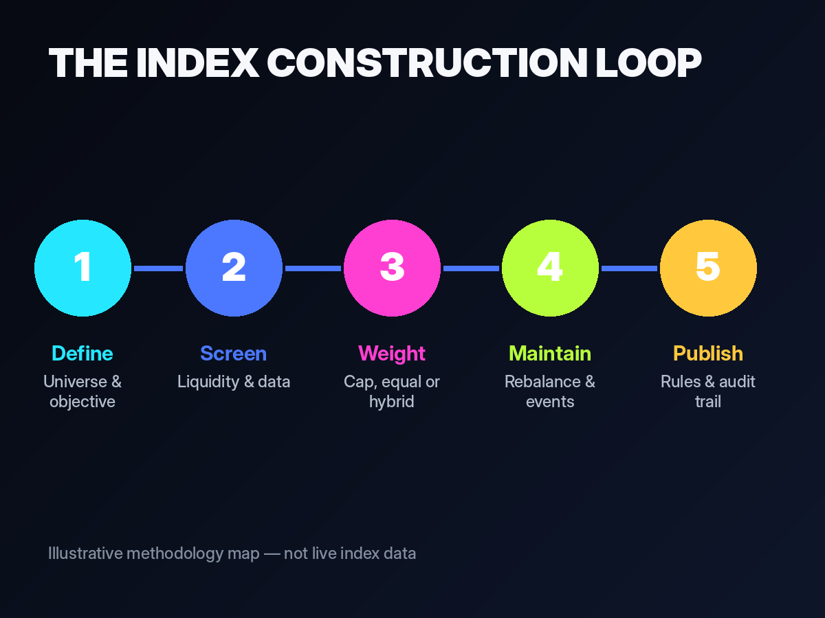 Illustrated five-step altcoin index construction loop from universe definition through publication