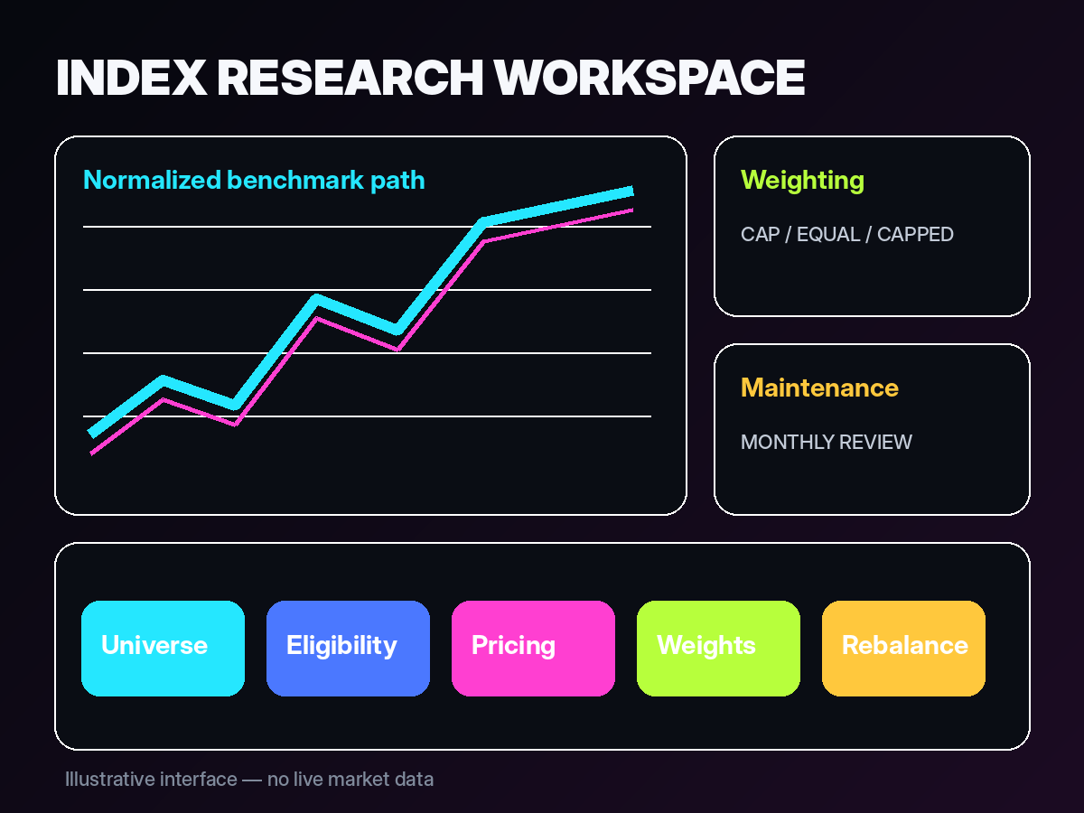 Illustrative altcoin index research dashboard showing normalized paths, weighting, maintenance, and methodology stages